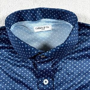 Collars & Co Quattro Flex Shirt Men Large Navy Blue Micro Dot Print Dress Collar